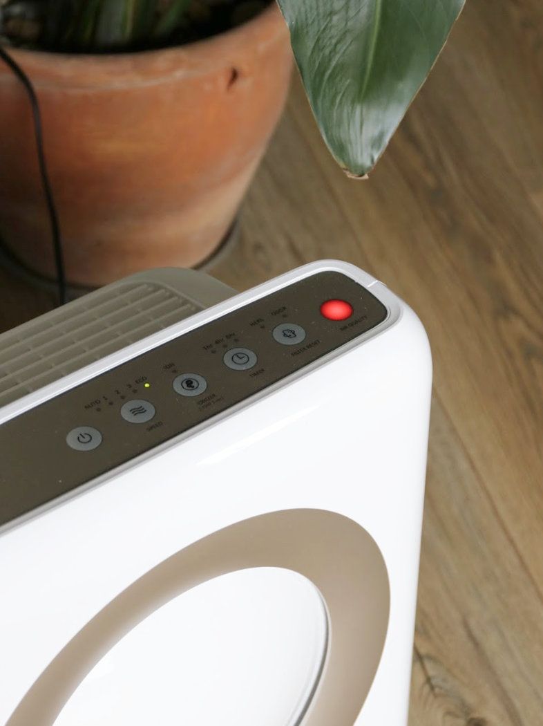 The Coway Airmega Mighty Air Purifier control panel in front of vase and green leaf on wooden floor in Gabriella Dyson's home