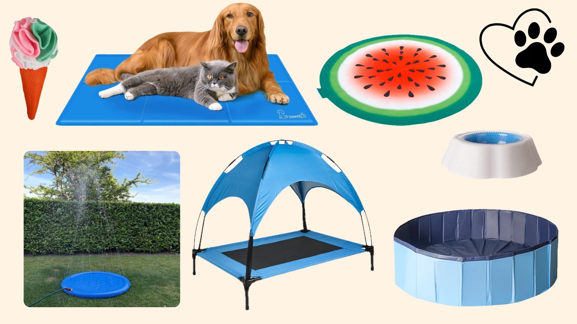  collage of cooling pet products for the heatwave