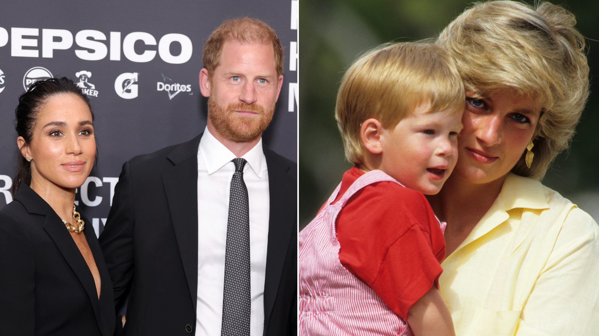 Princess Diana has bouffant blonde hair and cradles Prince Harry, who has bright red hair.