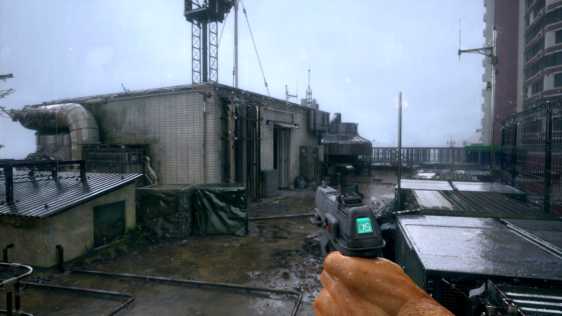 No Law gameplay showing a first-person view of a rainy apartment rooftop, with the main character holding a pistol pointed forwards