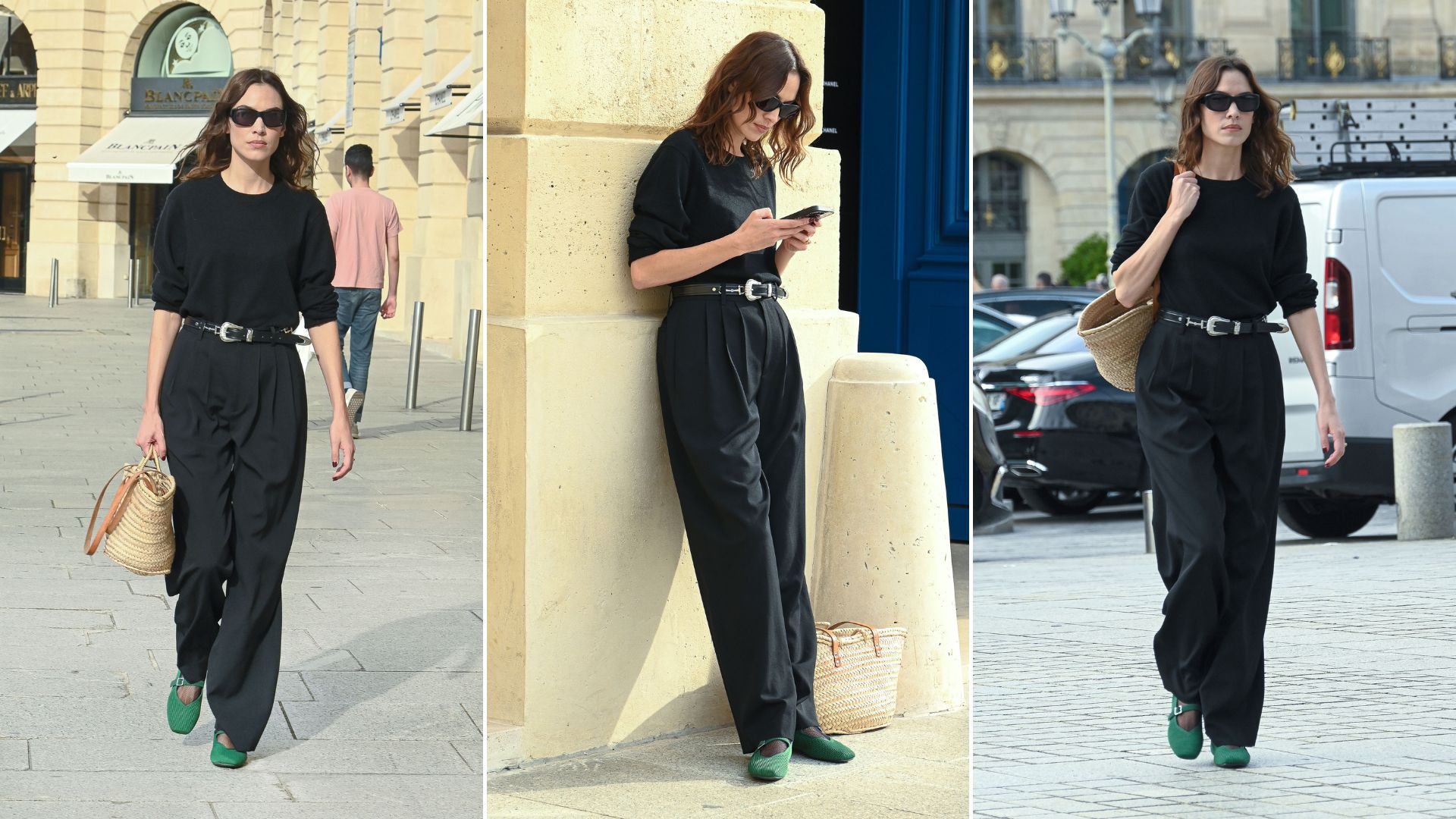 Three images of Alexa Chung wearing green Vivaia Mary Jane shoes