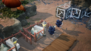 Two mice carry supplies onto a wooden platform