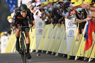 Team Jumbo rider Belgiums Wout van Aert rides during the 20th stage of the 107th edition of the Tour de France cycling race a time trial of 36 km between Lure and La Planche des Belles Filles on September 19 2020 Photo by Marco BERTORELLO AFP Photo by MARCO BERTORELLOAFP via Getty Images