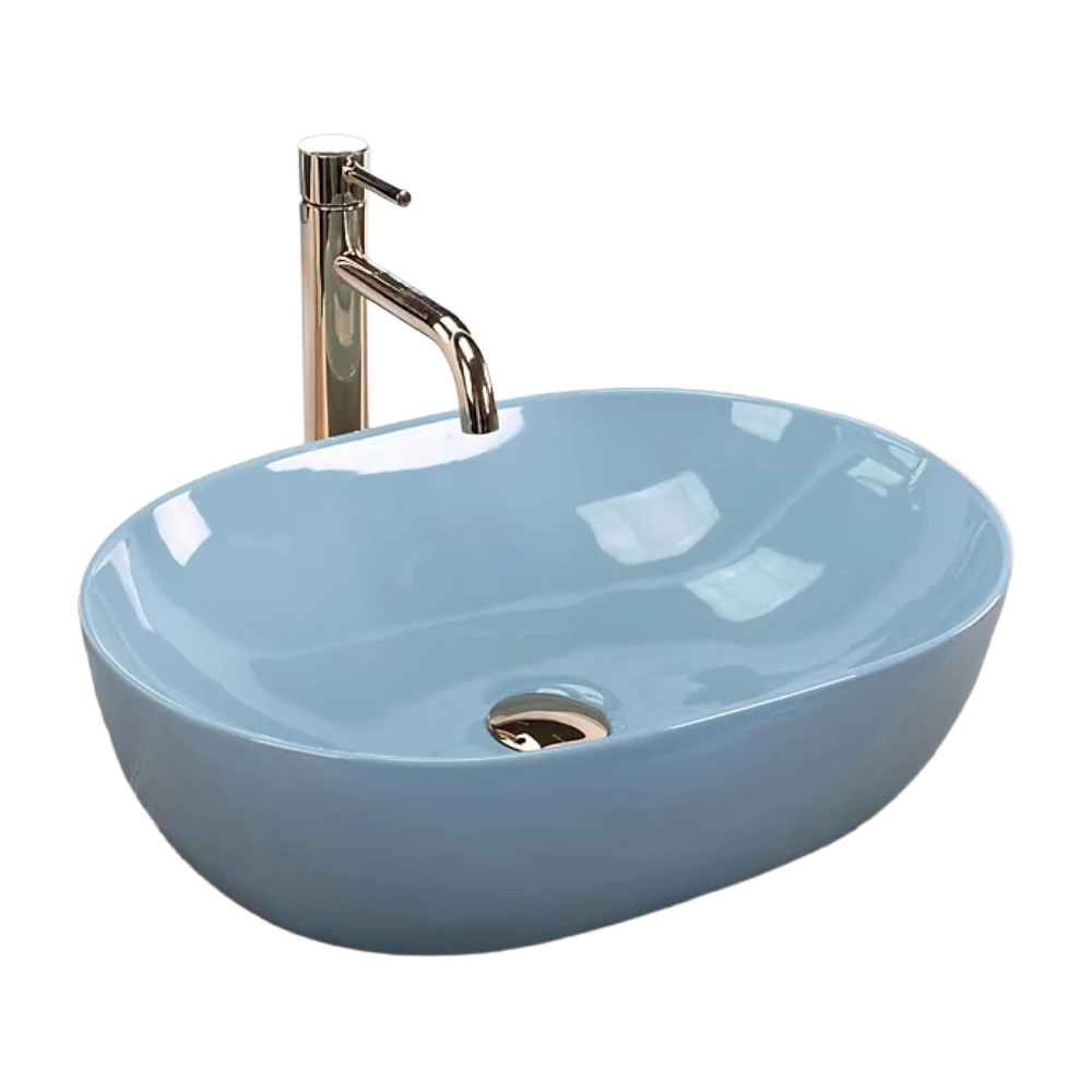 Blue wash basin with gold tap and drain