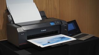 Canon ImagePrograf Pro-1100 printer in a wooden-interior studio, printing photographs