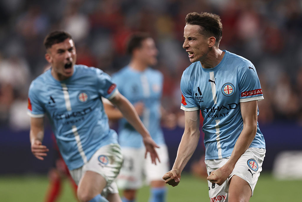 Kai Trewin of Melbourne City celebrates scoring a goal during a round 27 A-League Men match