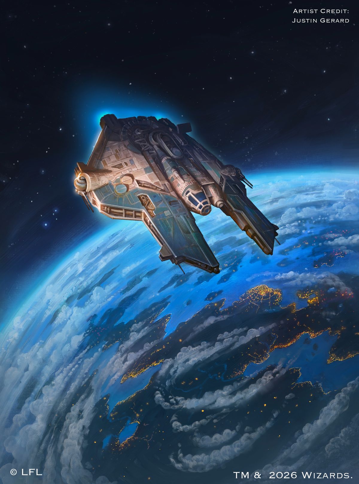 A ship flies above orbit in artwork from D&amp;D Star Wars