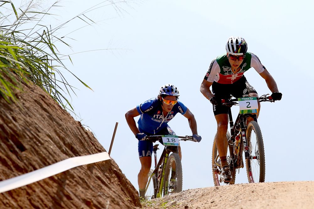 Marco Aurelio Fontana #18 of Italy and Nino Schurter #2 of Switzerland