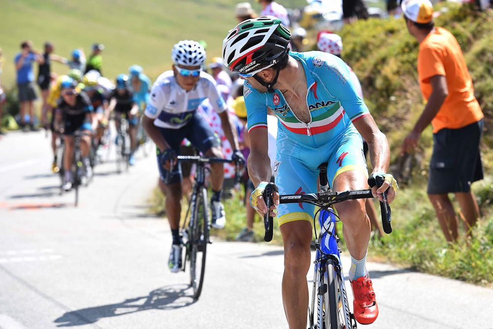 Nibali checks behind as Quintana makes his way forward.