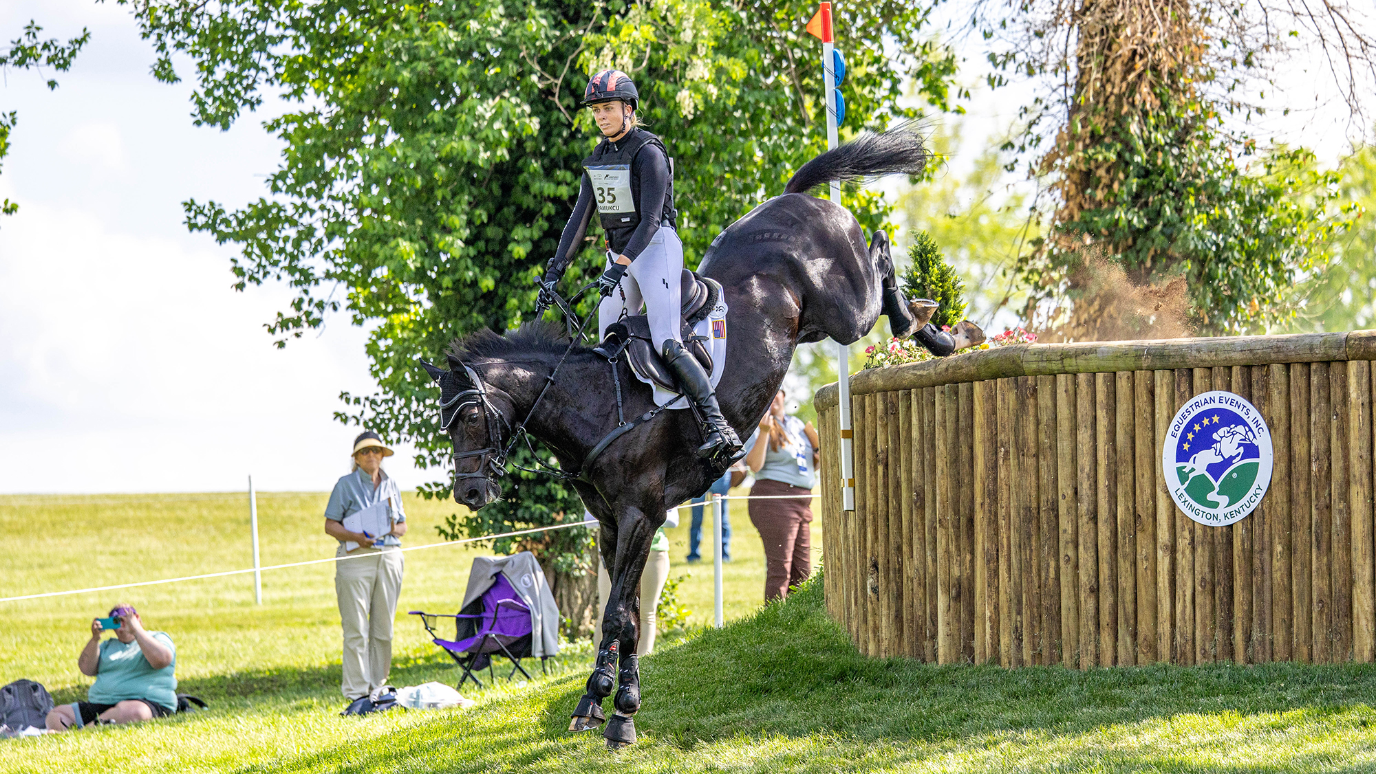Caroline Pamukcu and HSH Blake seal their selection for the US squad at the 2026 eventing World Championships with second in the five-star at Kentucky &ndash;&nbsp;they are pictured dropping down a big step on the cross-country.