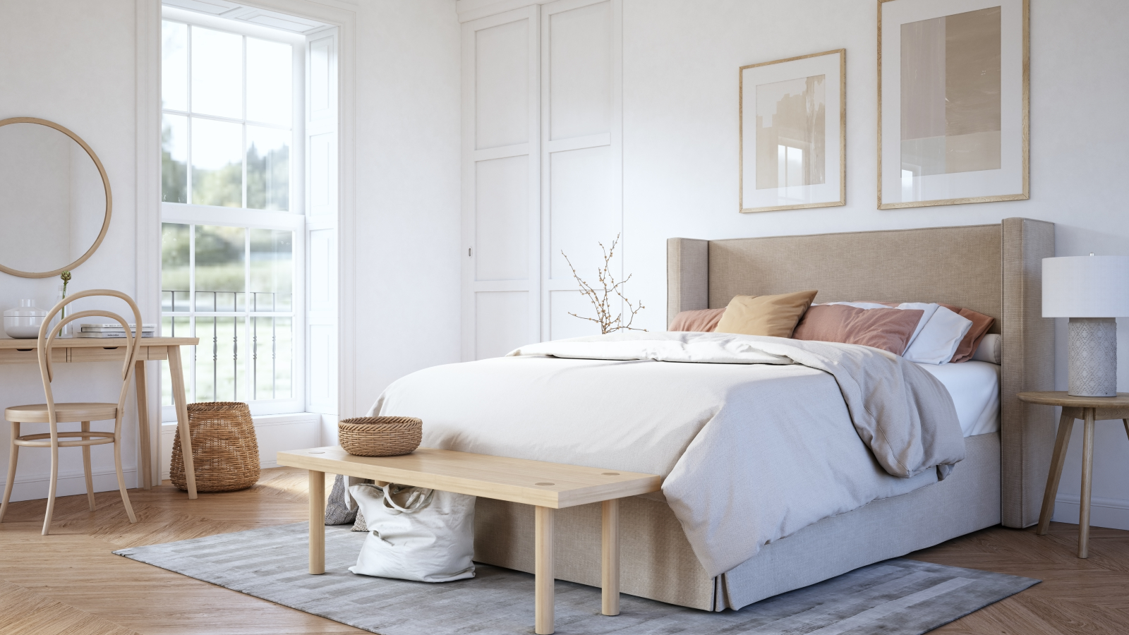 render of bedroom with bed, wooden bench at base of bed, wooden desk/dressing table and chairs, wooden floor, rug and artwork on walls with large full height window