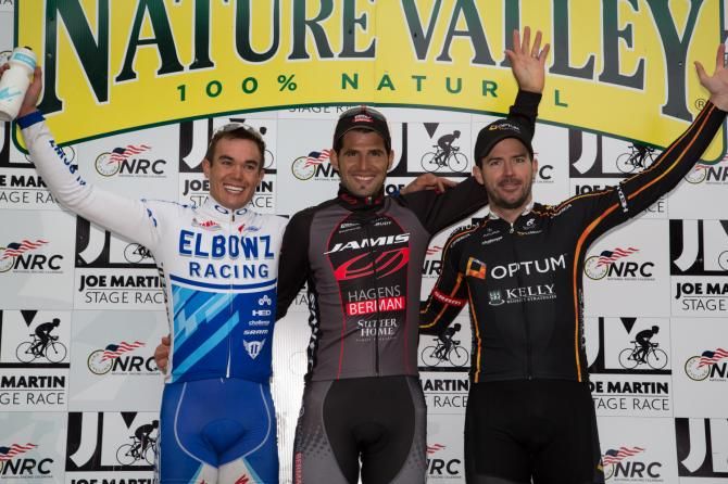 Stage winner JJ Haedo flanked by second-place Ken Hanson and Travis McCabe.
