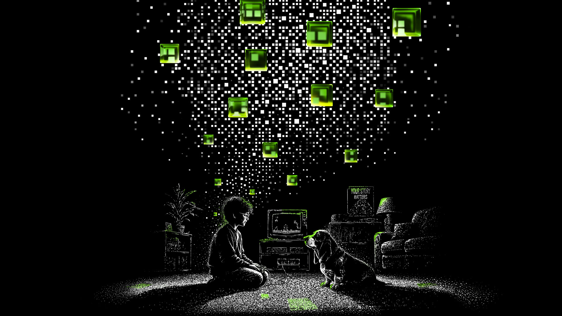 A dark room with a TV, arm chair, lamp, and plant. The room has a boy and a dog look look as a cloud of white and green pixels loom overhead.