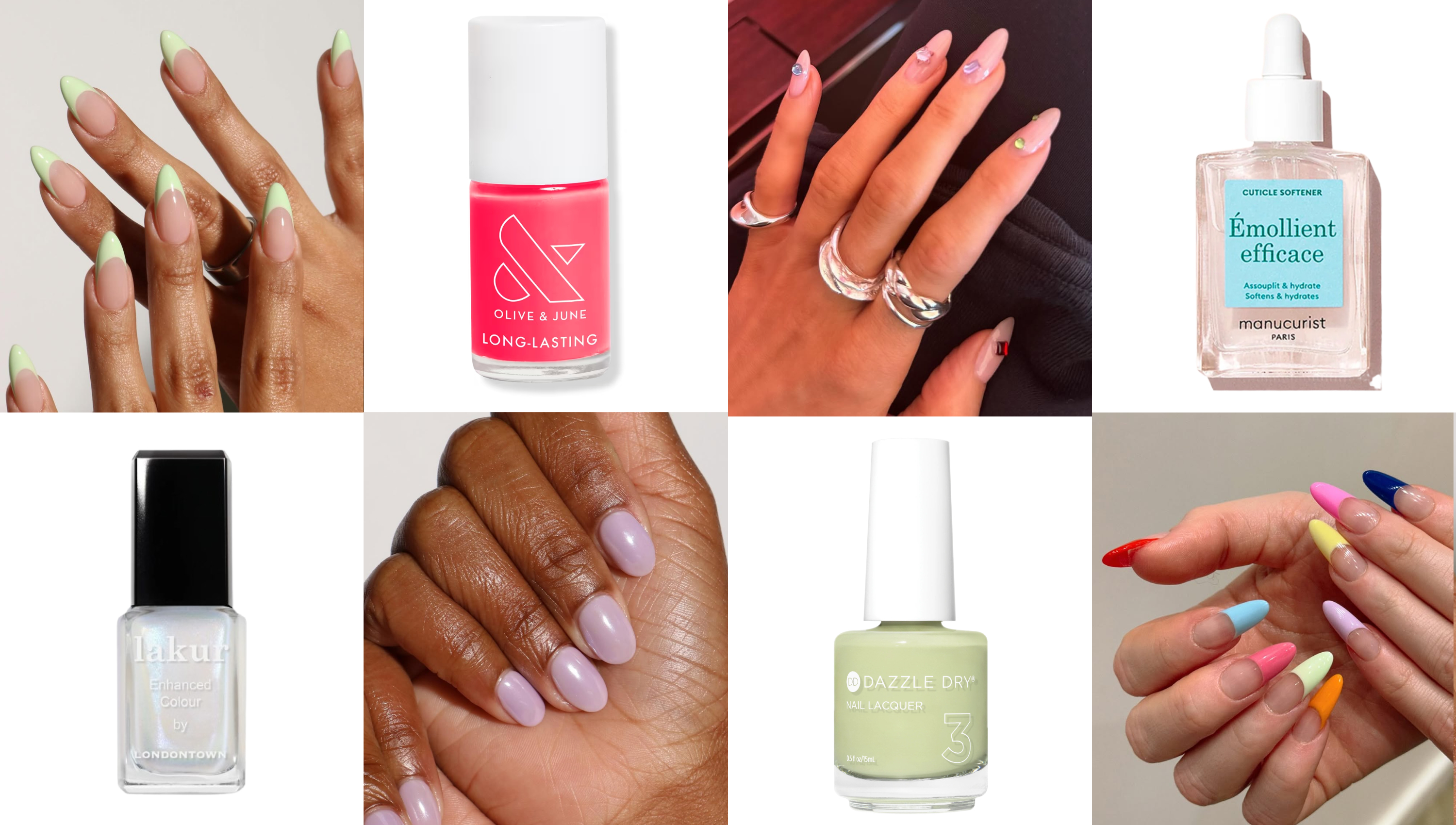 april nail trends art treatment with different colored manicures and nail polish bottles on a white background