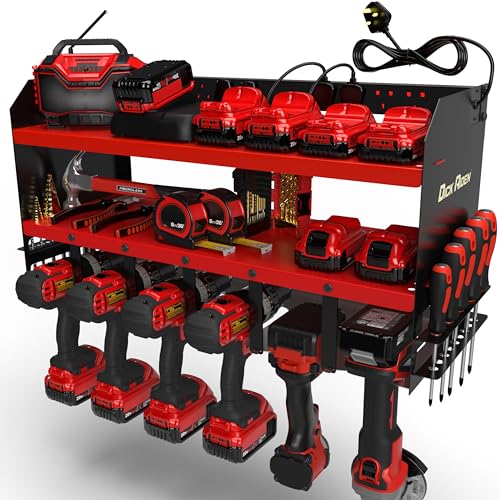 Toolganize Power Tool Organiser, Storage Rack With Power Strip Charging Station, Heavy-Duty for Workshop &amp;amp; Garage Tools - 6 Slot, Milwaukee Red.