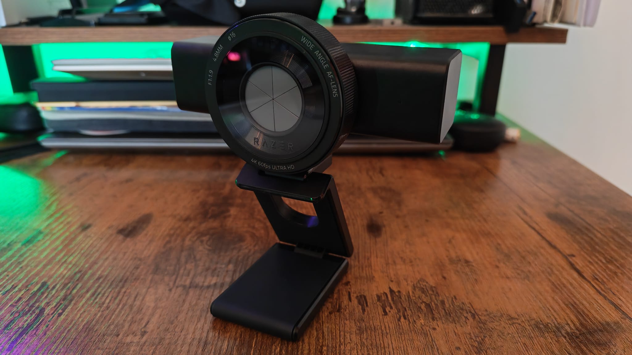 A Razer Kiyo V2 Pro standing on its folding stand