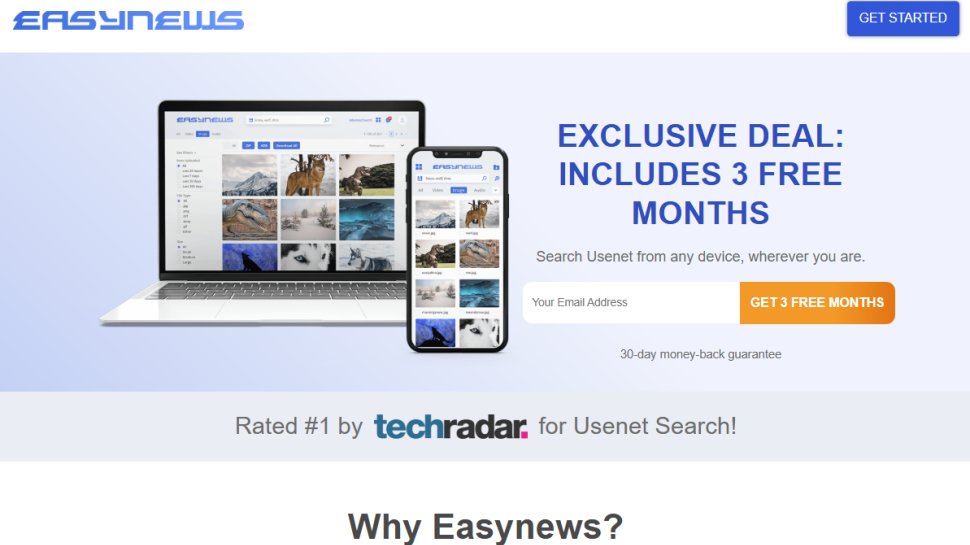 Website screenshot of Easynews (January, 2026)