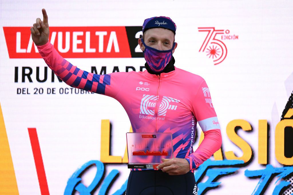 VILLANUEVA DE VALDEGOVIA SPAIN OCTOBER 27 Podium Michael Woods of Canada and Team EF Pro Cycling Celebration Trophy during the 75th Tour of Spain 2020 Stage 7 a 1597km from VitoriaGasteiz to Villanueva de Valdegovia lavuelta LaVuelta20 La Vuelta on October 27 2020 in Villanueva de Valdegovia Spain Photo by David RamosGetty Images
