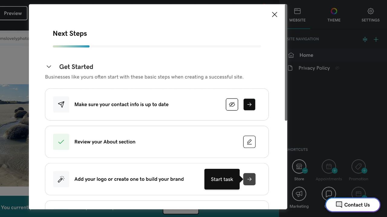 Screengrab showing a list of next steps for my website