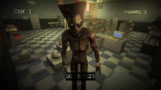 Surveillance footage shows a humanoid creature with exposed ribs and a triangular metal helmet standing in a checkered-floor office with desks, computer, and equipment visible in the background.