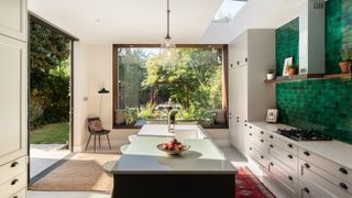 grey kitchen extension view view to garden through picture window