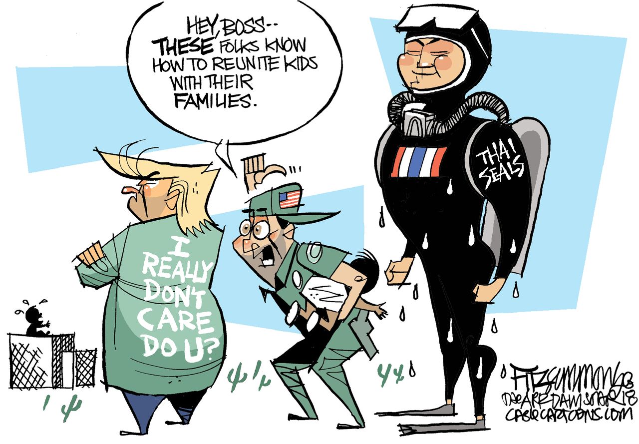 Political cartoon U.S. Trump Thailand cave children soccer team Navy Seals rescue mission immigrant children family separation