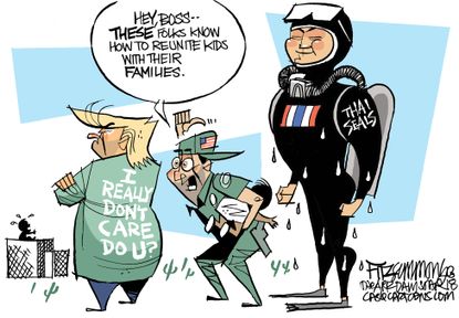 Political cartoon U.S. Trump Thailand cave children soccer team Navy Seals rescue mission immigrant children family separation