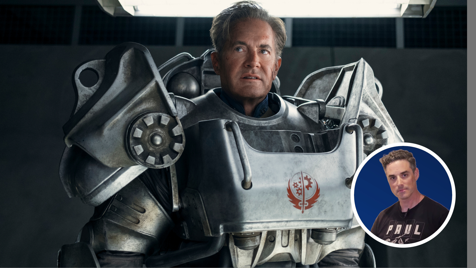 Kyle MacLachlan in power armour, with an inset circular image of Josh Sawyer on a blue gradient background.