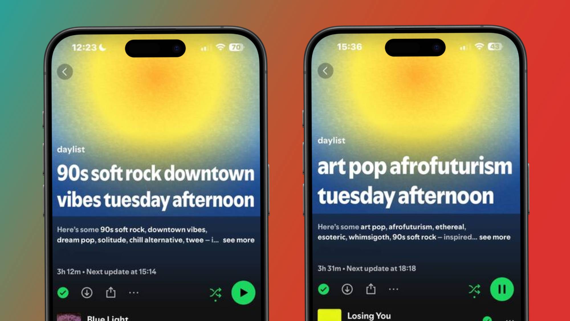 Two smartphones with two different Daylists in the Spotify app