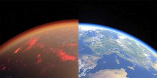 This artistic visualization shows Earth today (right) vs Earth 4.5 billion years ago (left).
