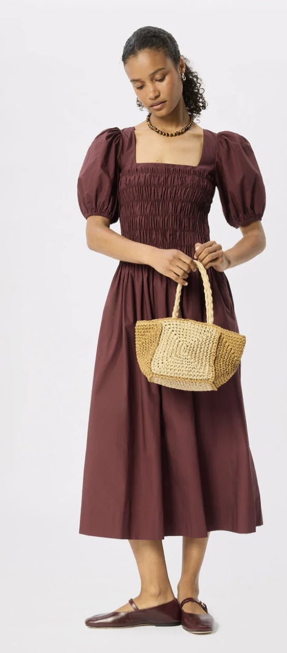 Whistles, Plum Cotton Ruched Bodice Dress