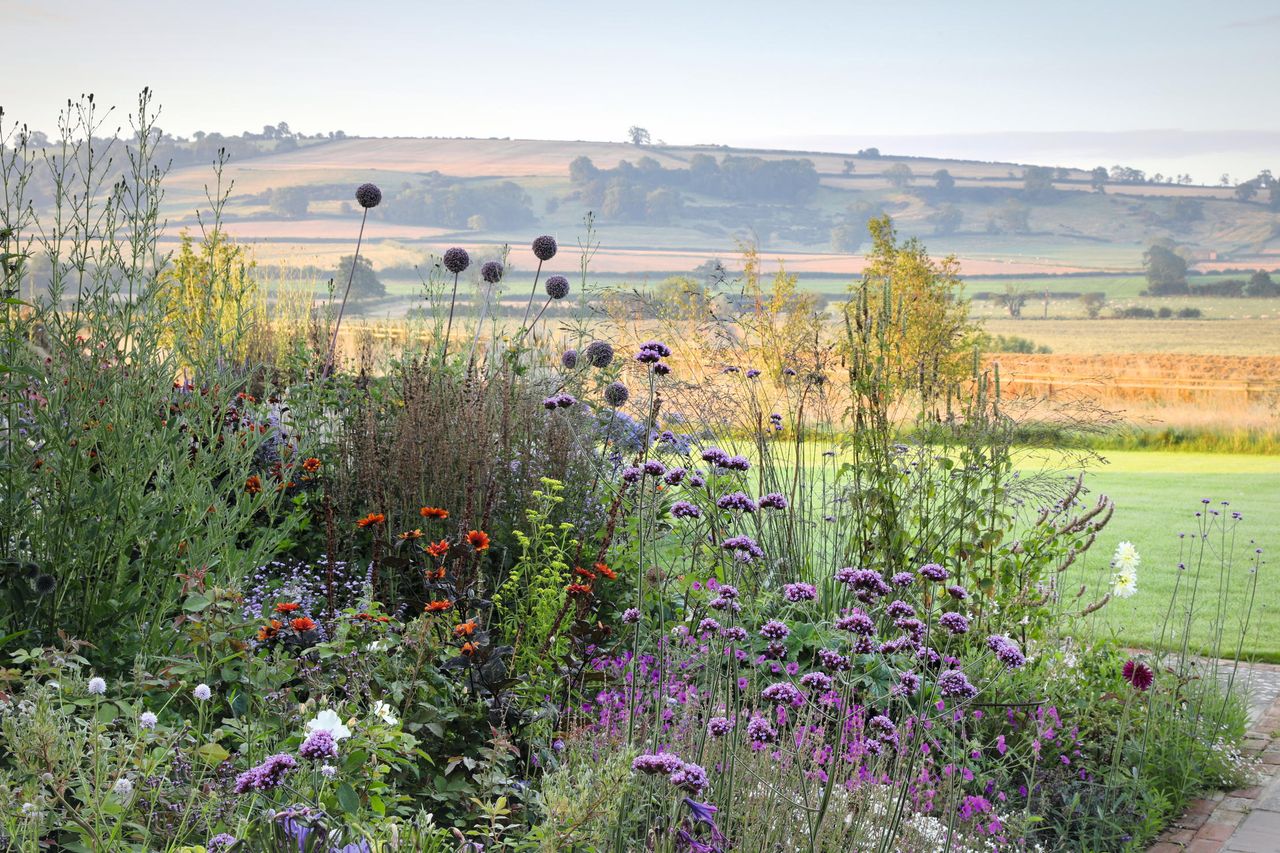 Coates Barn, Warwickshire. The view across the Cotswolds is set up with beds of lively perennials instead of the old lawn. ©Britt Willoughby Dyer