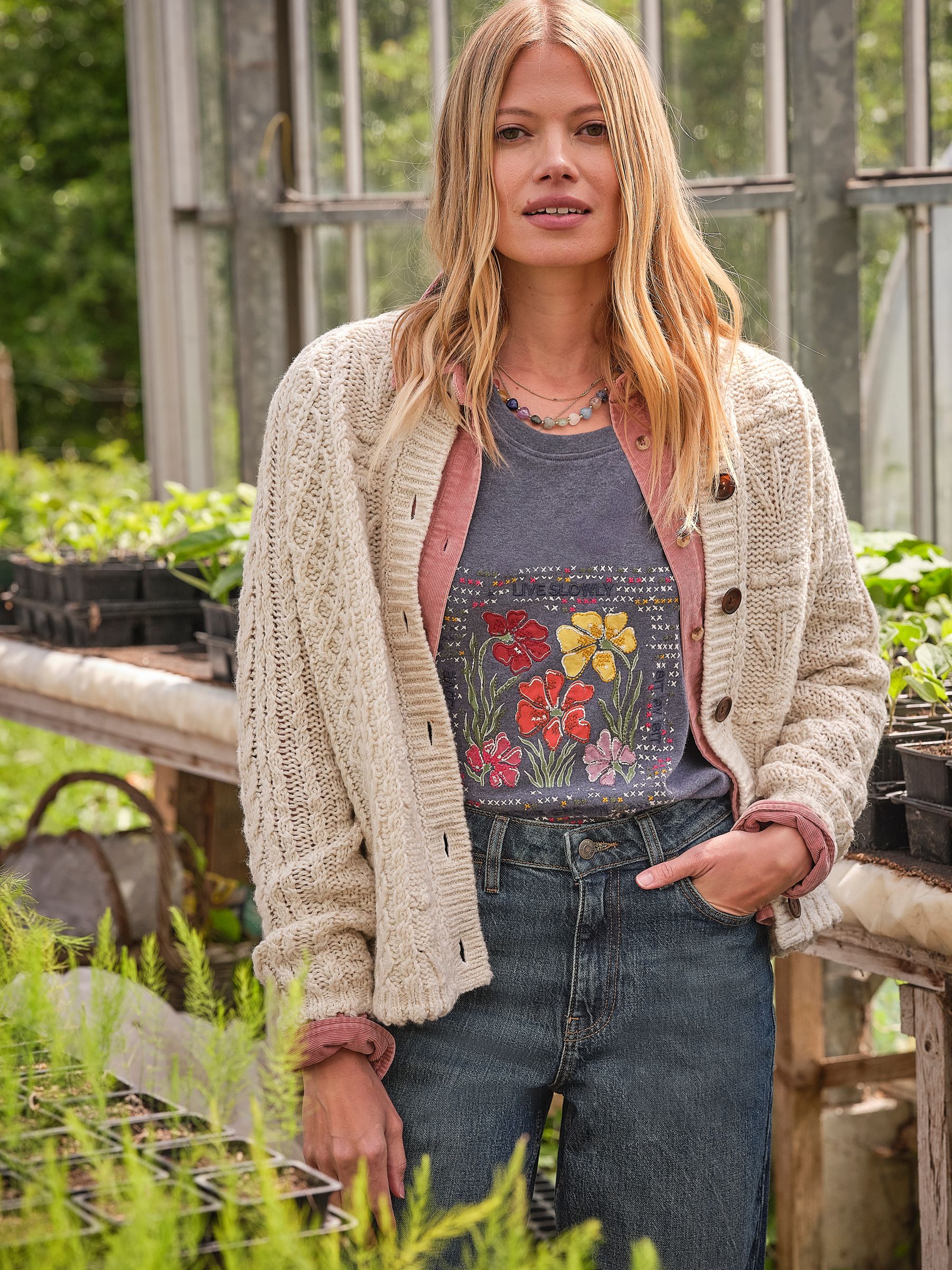 Floral Knitted Cable Button Front Cardigan in Natural - Size 6