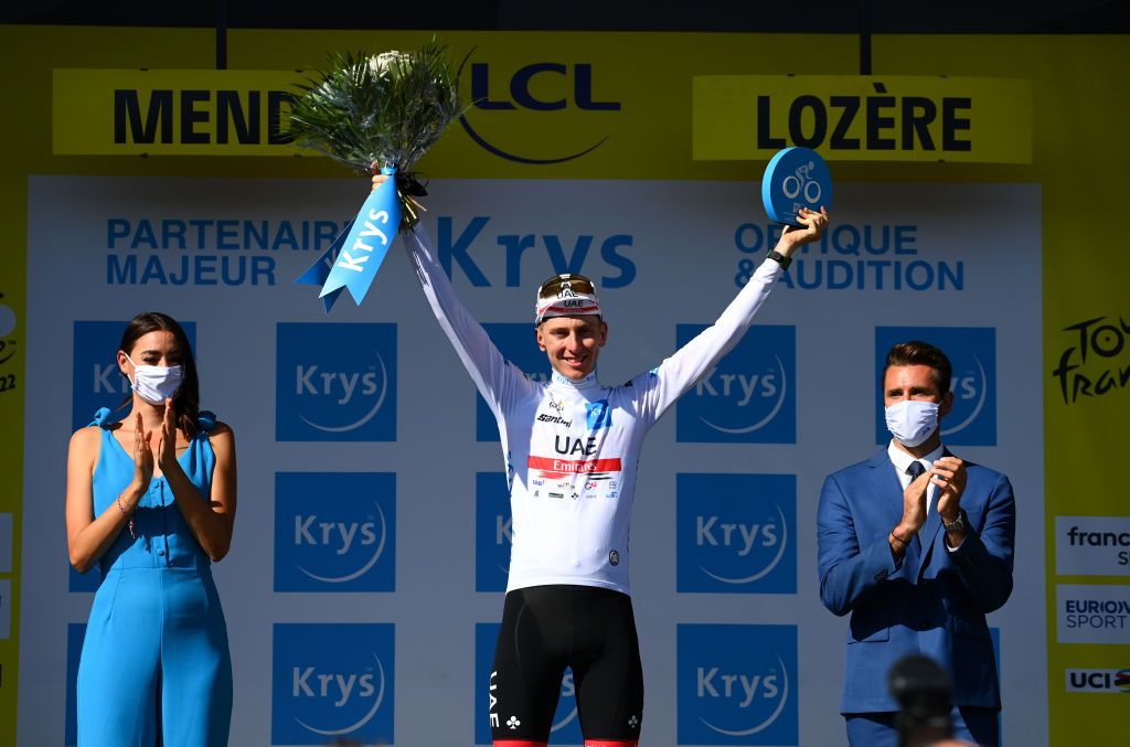 MENDE FRANCE JULY 16 Tadej Pogacar of Slovenia and UAE Team Emirates celebrates winning the white best young jersey on the podium ceremony after the 109th Tour de France 2022 Stage 14 a 1925km stage from SaintEtienne to Mende 1009m TDF2022 WorldTour on July 16 2022 in Mende France Photo by Tim de WaeleGetty Images