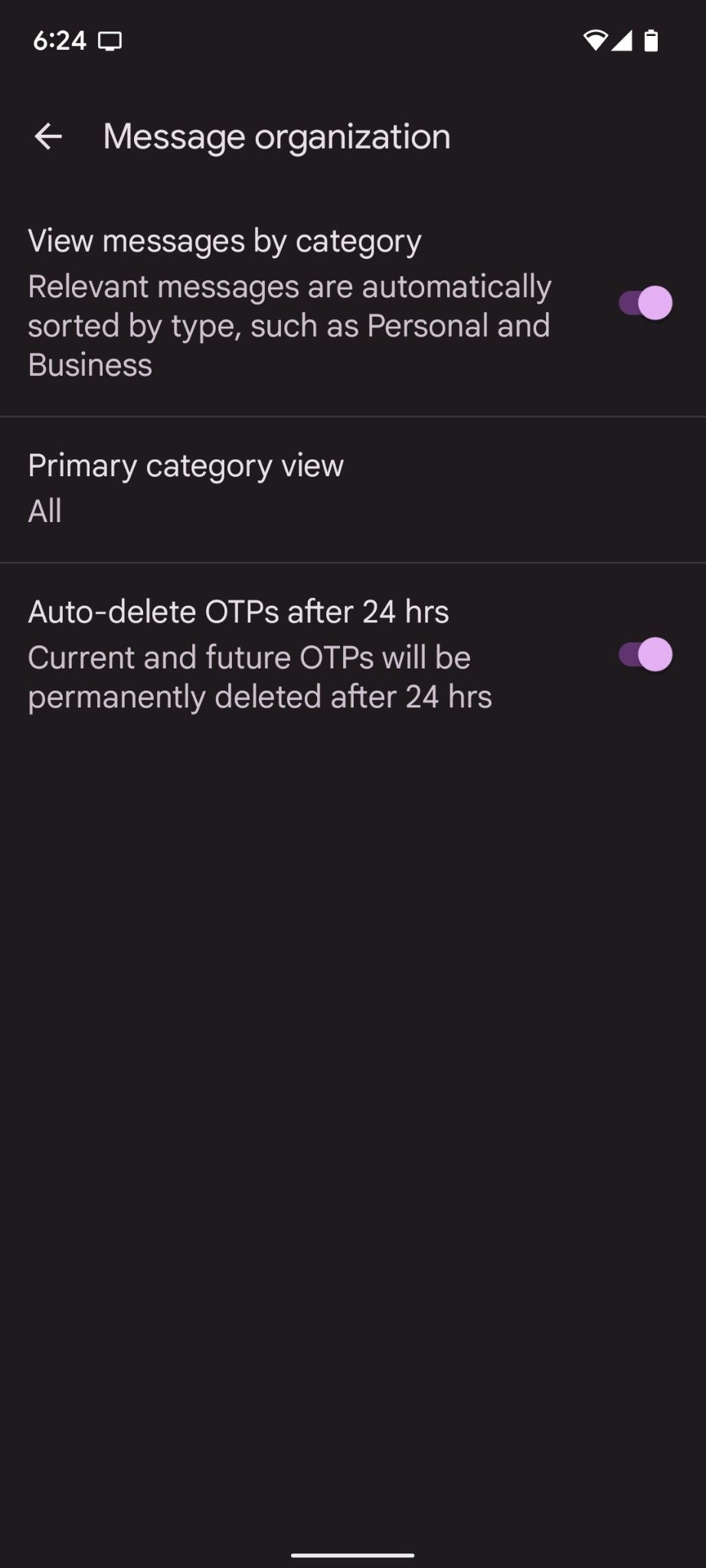Google Messages featuring categories