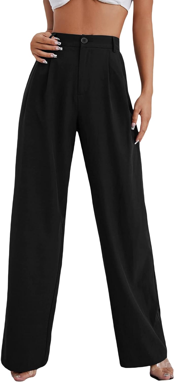MakeMeChic Women's High Waisted Pockets Work Office Palazzo Wide Leg Pants Black A M