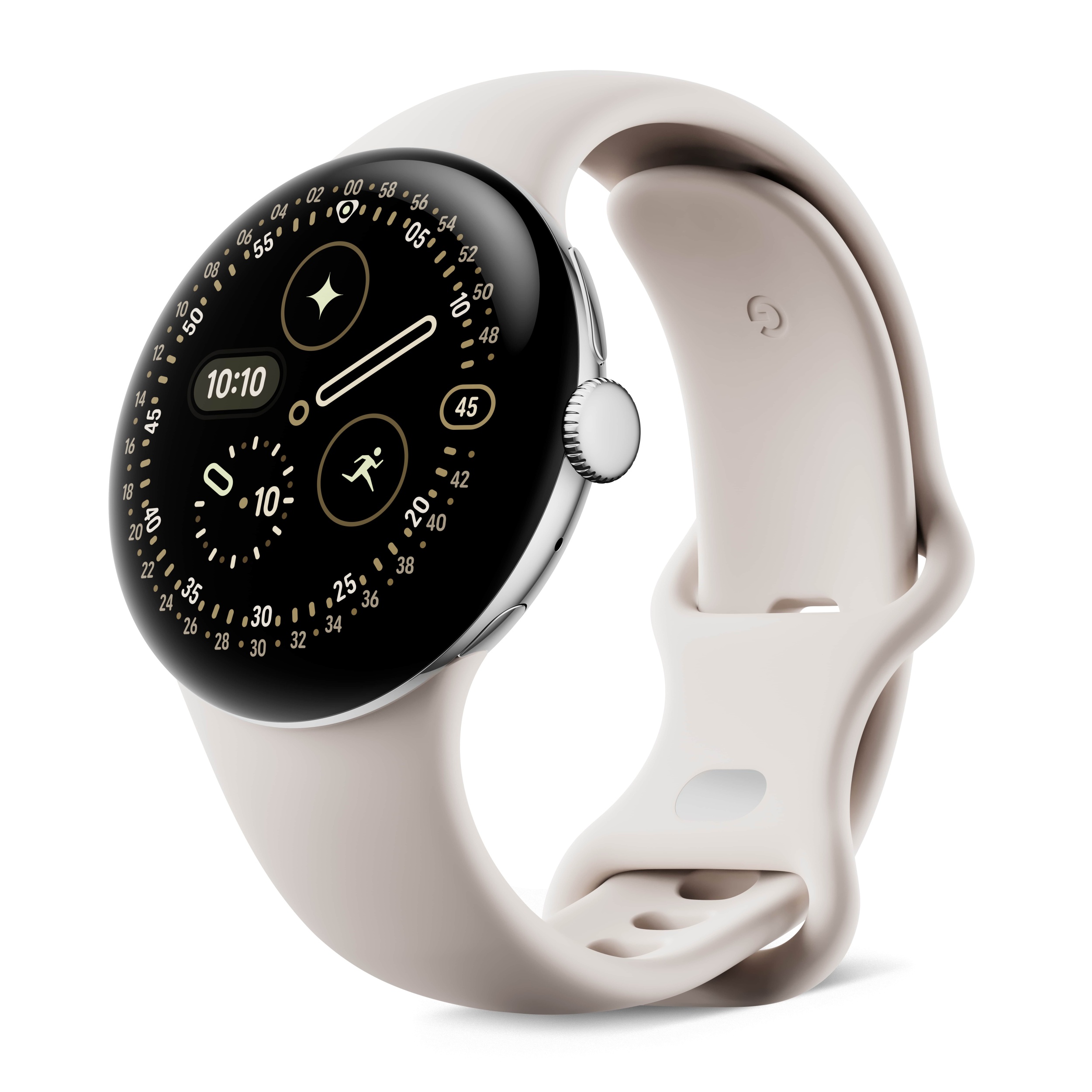 Google Pixel Watch 4 in Polished Silver Aluminum case / Porcelain Active Band (45mm, 41mm)