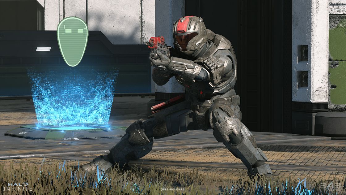 A Halo Infinite screenshot showing a character pointing a weapon towards the camera