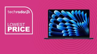 The MacBook Air 13-inch (M4) on a pink background with text saying Lowest Price.