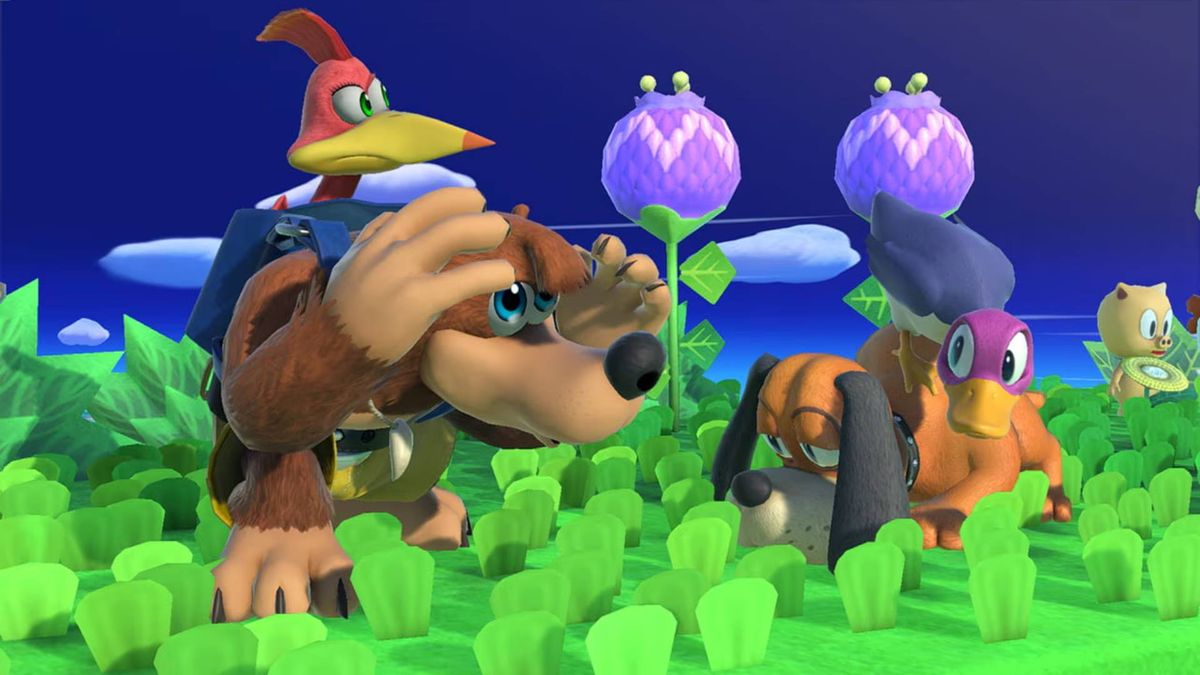 Banjo and Kazooie next to the Duck Hunt Duo in Super Smash Bros. Ultimate.