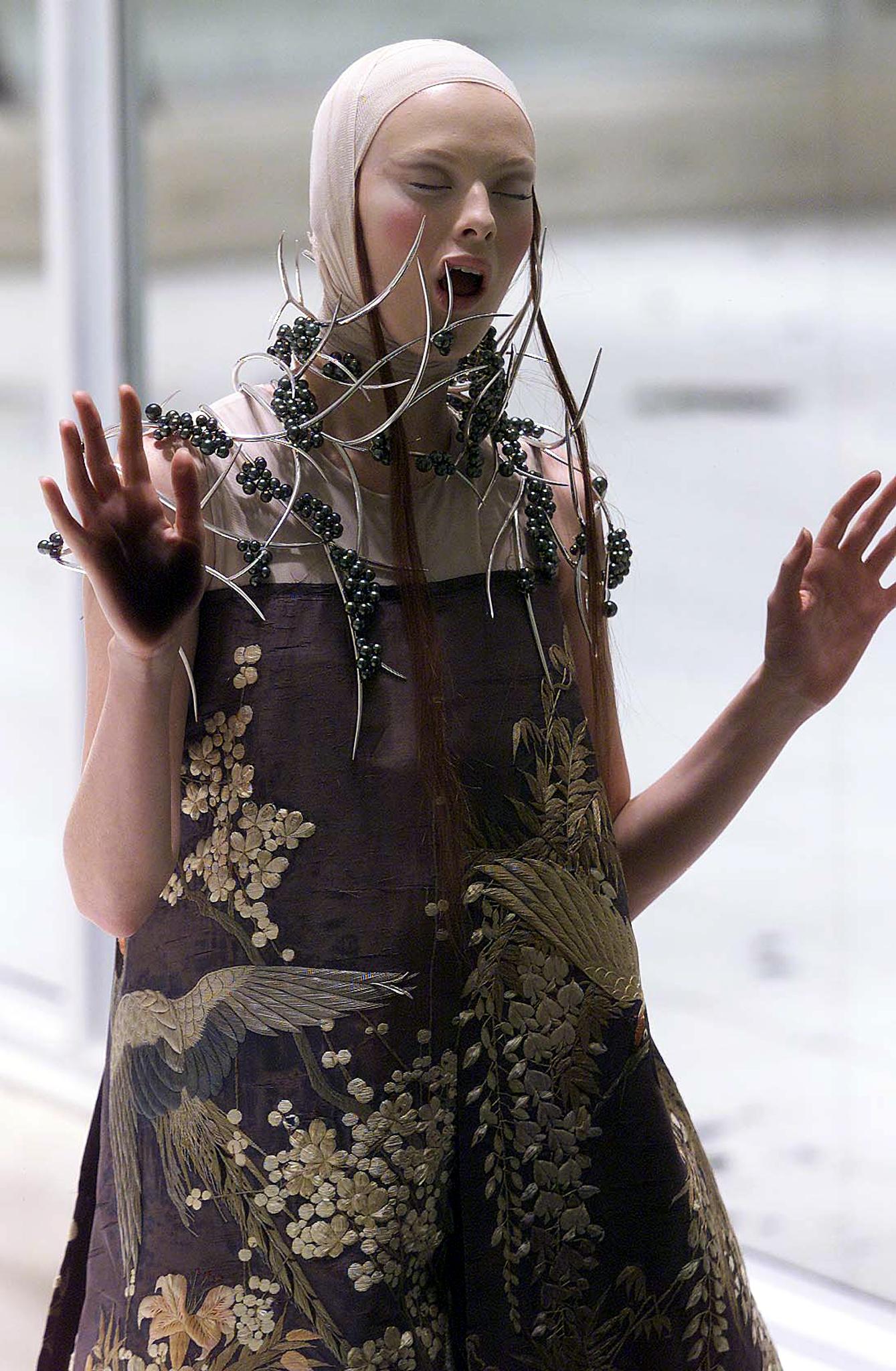 Photo of Karen Elson in Alexander McQueen's spring summer 2021 voss runway show.