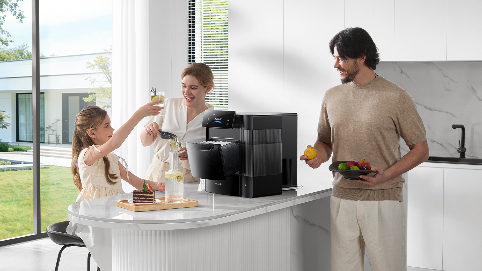 A family gathered around their GoveeLife Smart Nugget Ice Maker Pro.