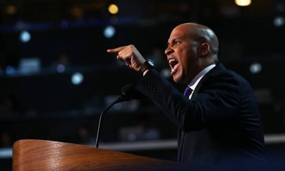 Newark Mayor Cory Booker speaks at the 2012 Democratic National Convention in Charlotte, N.C. The rising star has been branded as something of a phony by liberal pundits.
