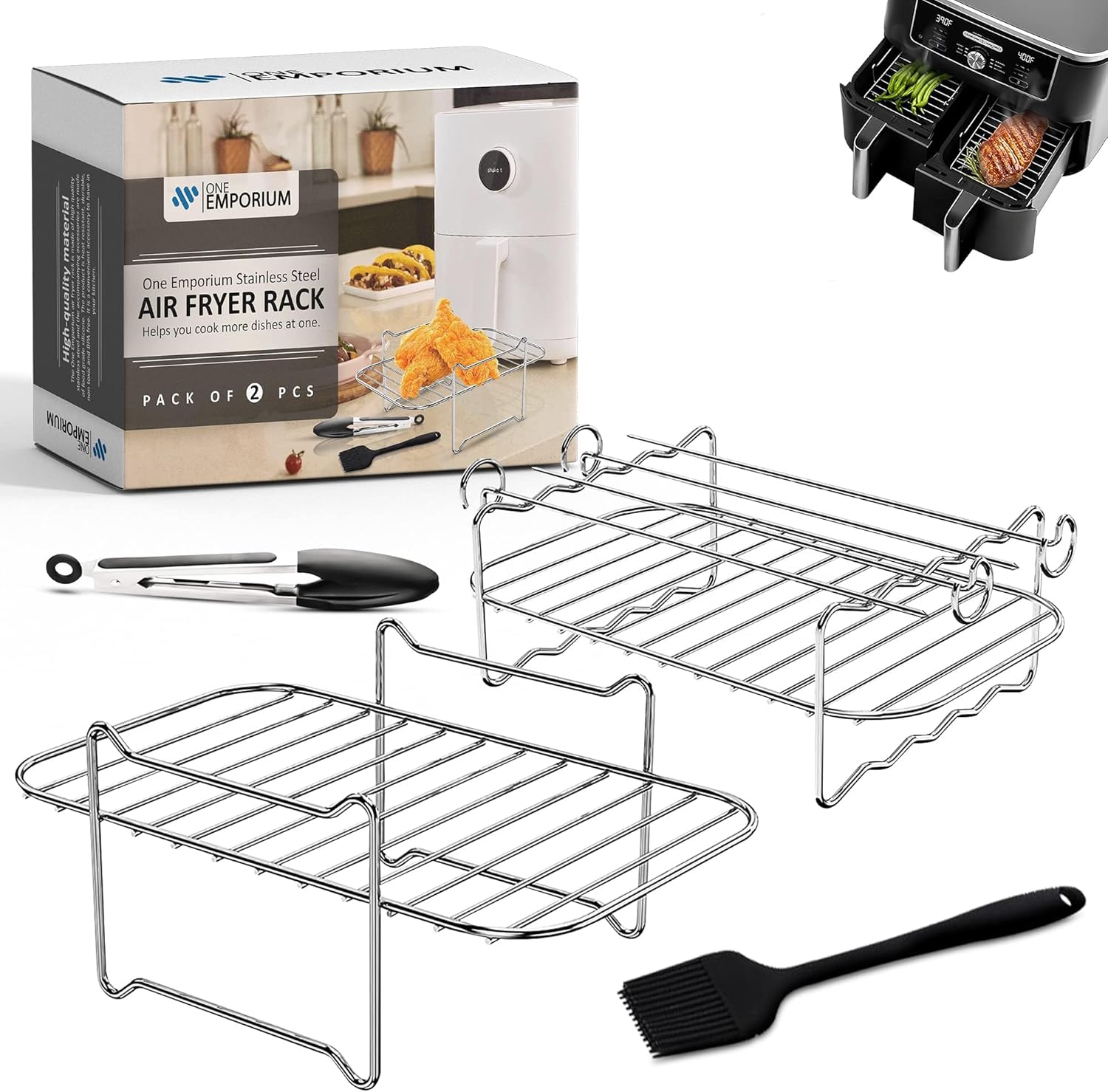 One Emporium 2-Piece Ninja Air Fryer Rack Set &amp;ndash; Stainless Steel Accessories With Oil Brush &amp;amp; Tongs, Compatible With Dual-Basket Air Fryers