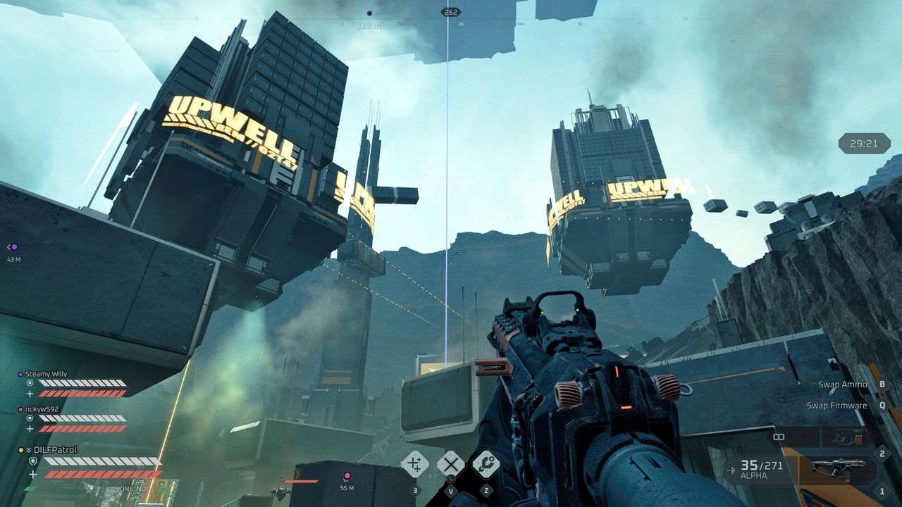 Looking up at floating "Upwell" megastructures in EVE Vanguard