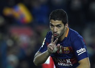 Luis Suarez celebrates after scoring for Barcelona against Athletic Club in January 2016.