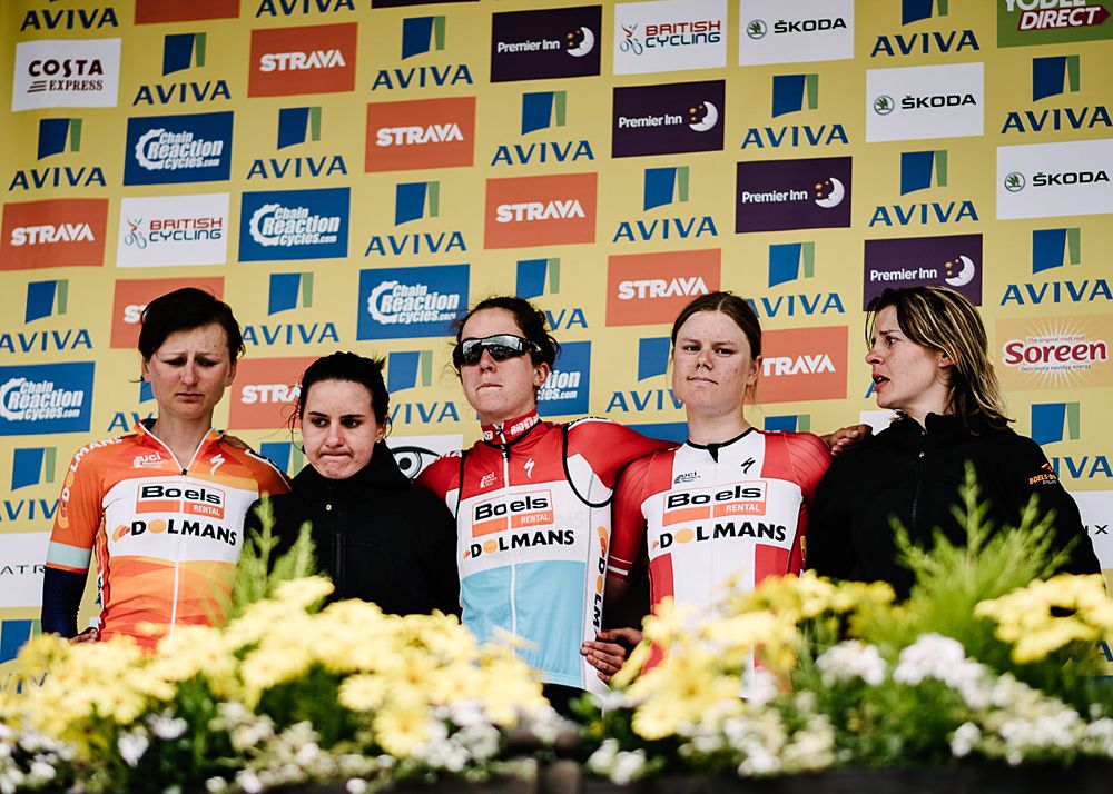 Boels Dolmans team on the podium to accept teammate Lizzie Armitstead's awards
