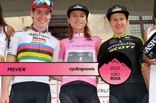 UDINE, ITALY - JULY 14: Podium / Anna Van Der Breggen of The Netherlanda and Boels Dolmans Cycling Team / Annemiek Van Vleuten of The Netherlands and Team Mitchelton Scott Pink Leader Jersey / Amanda Spratt of Australia and Team Mitchelton Scott / Celebration / Miss / Hostess / during the 30th Tour of Italy 2019 - Women, Stage 10 a 120km stage from San Vito al Tagliamento to Udine 138m / Giro Rosa / #GiroRosa / @GiroRosaIccrea / on July 14, 2019 in Udine, Italy. (Photo by Luc Claessen/Getty Images)
