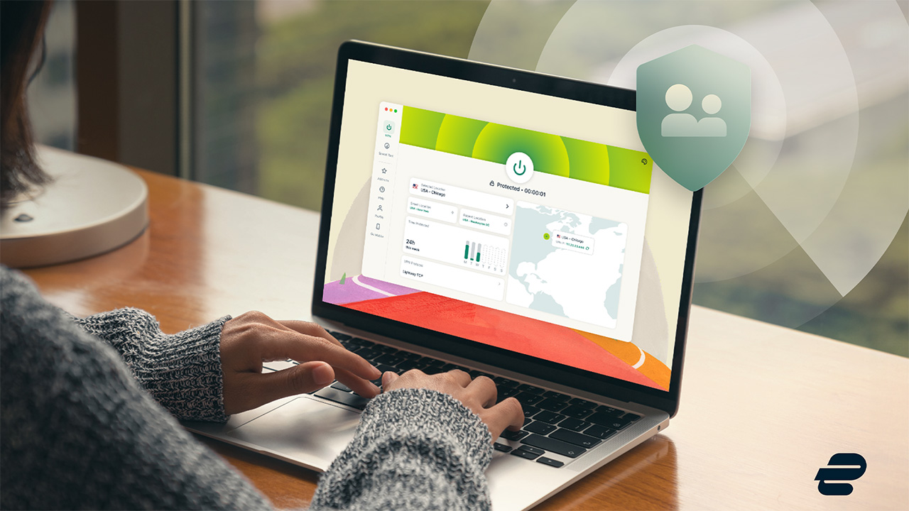 ExpressVPN image showing person using ExpressVPN on a laptop, with a child protection graphic in the top right.