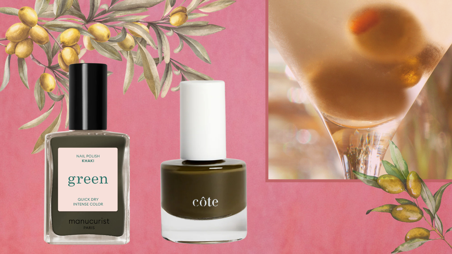 olive green nail polish bottles on a pink background